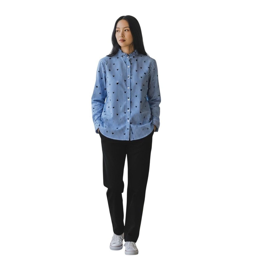 J. Crew Blue White Stripe Heart Print Button Up Shirt Top XXS Business casual - Picture 2 of 6